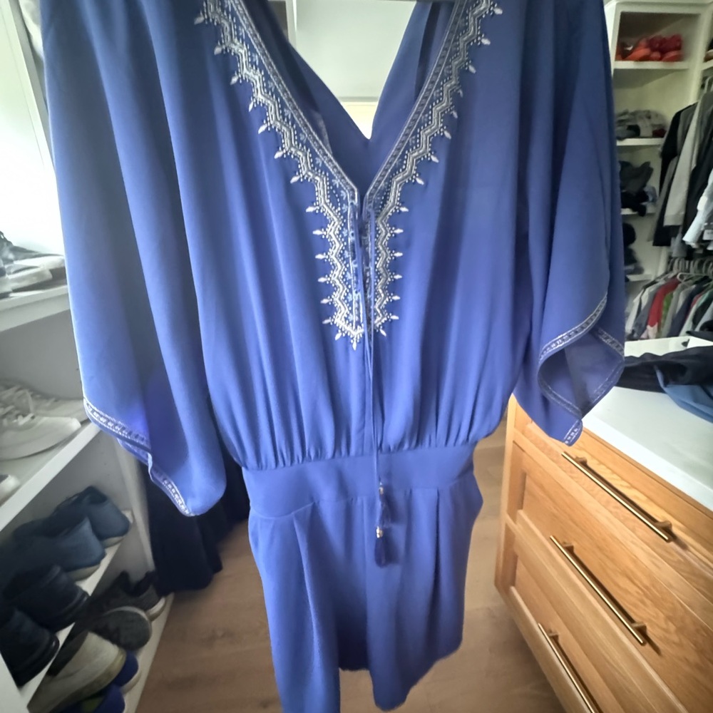 White House Black Market Blue Embellished 3/4 Sleeve Jumpsuit